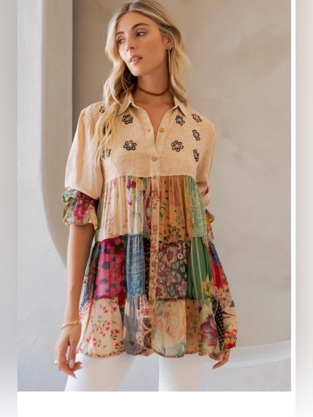 Boho Floral Patchwork Button Down Short Sleeve Blouse